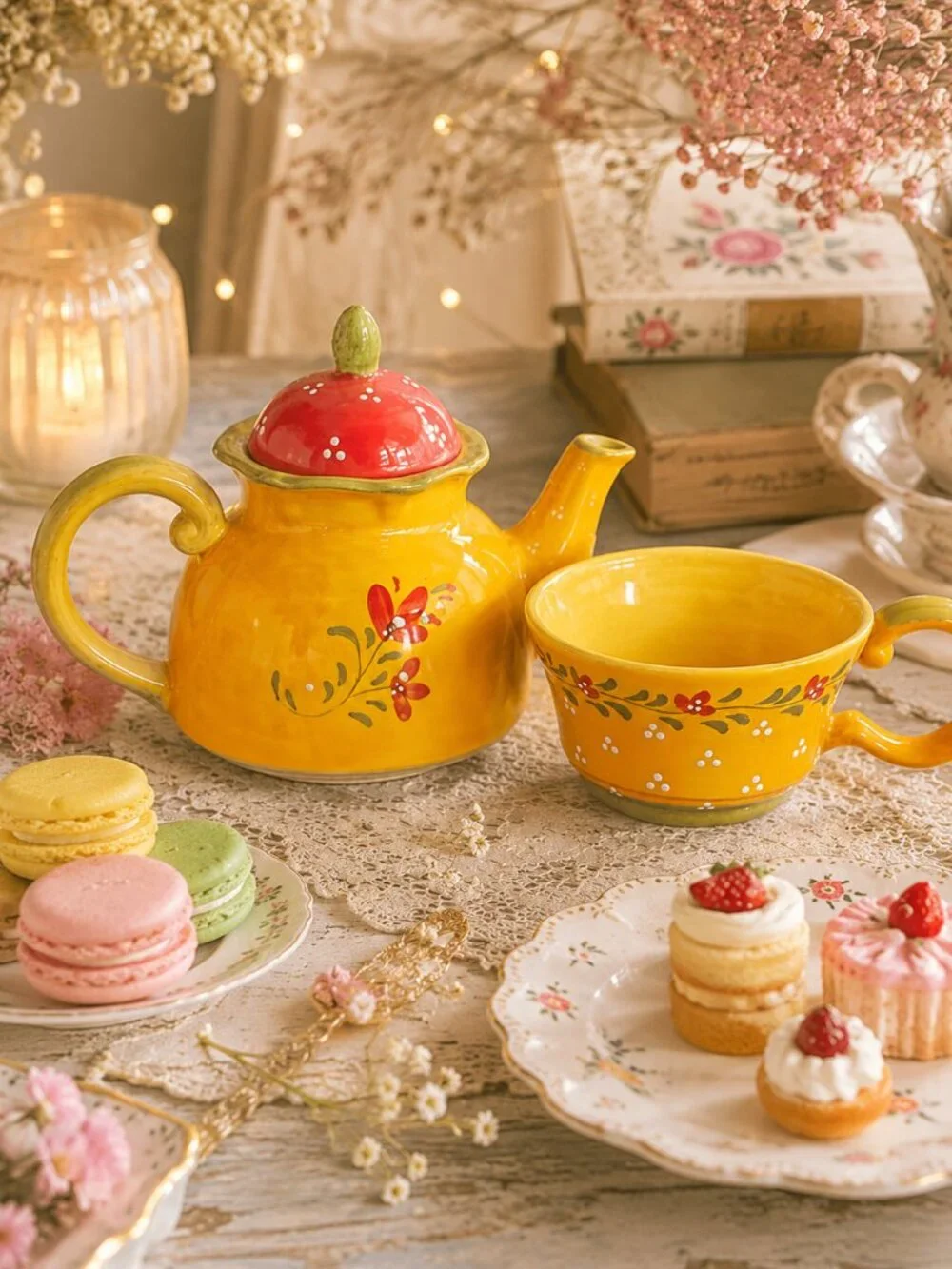 Vintage French Country Teapot & Matching Tea Cup Bienvenue by Demdaco